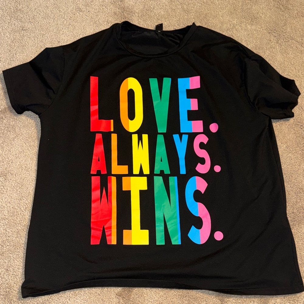 Black T-Shirt with Colorful 'Love Always Wins' Print